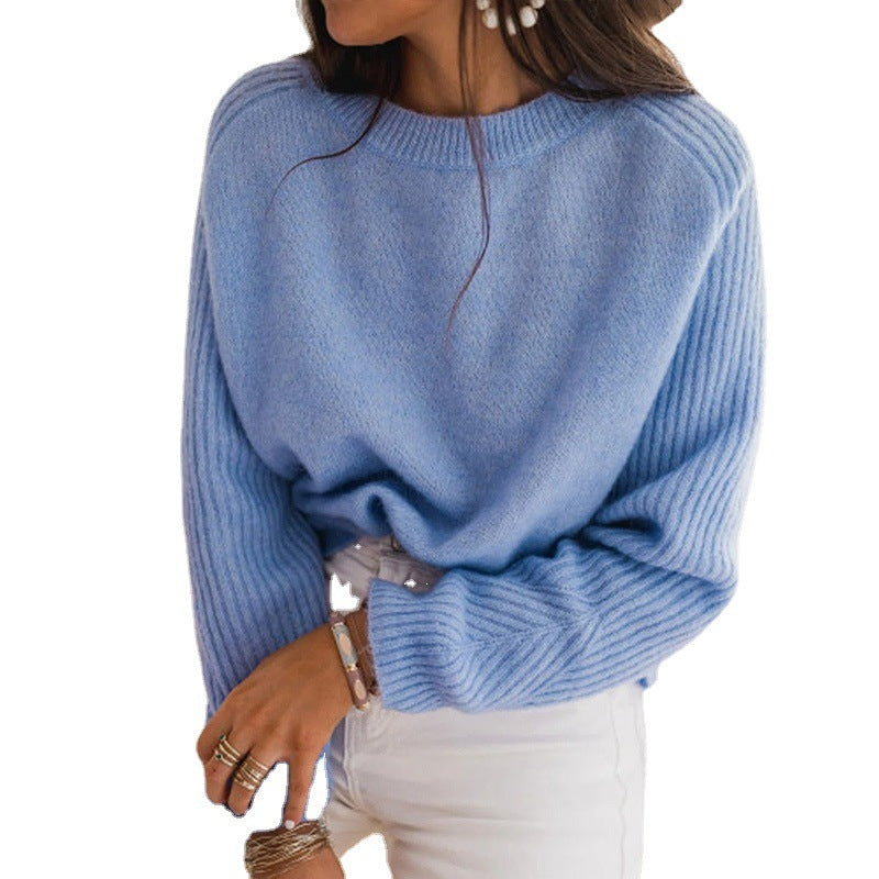 European Milk Blue Bedford Cord Sweater Women's Round-collar Long-sleeve Knitwear Casual Women's Clothing Fashion Knit Top Outerwear