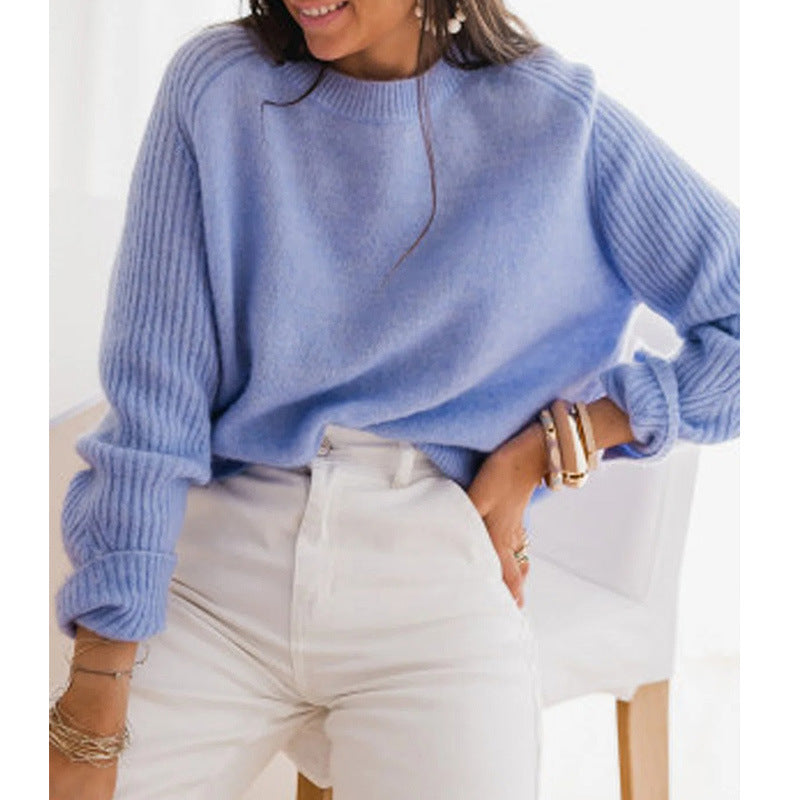 European Milk Blue Bedford Cord Sweater Women's Round-collar Long-sleeve Knitwear Casual Women's Clothing Fashion Knit Top Outerwear