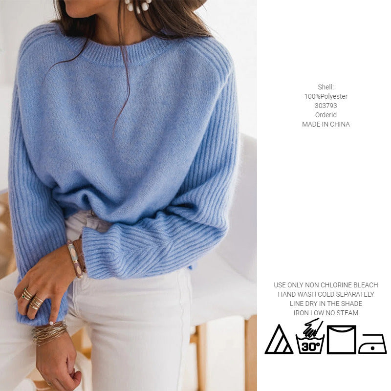 European Milk Blue Bedford Cord Sweater Women's Round-collar Long-sleeve Knitwear Casual Women's Clothing Fashion Knit Top Outerwear